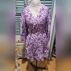 LOFT Purple Floral Dress Belted With Pockets
